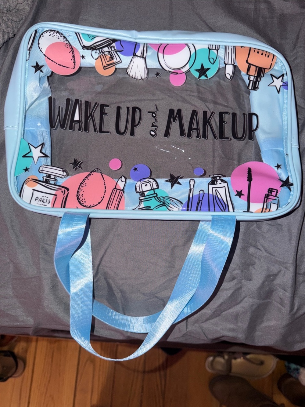 Clear Makeup Tote Bag - "Make Up and Makeup" Print - Pastel Accents